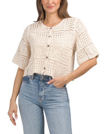 Short Sleeve Crochet Button Up Top for Women | Polyester/Cotton | Marshalls