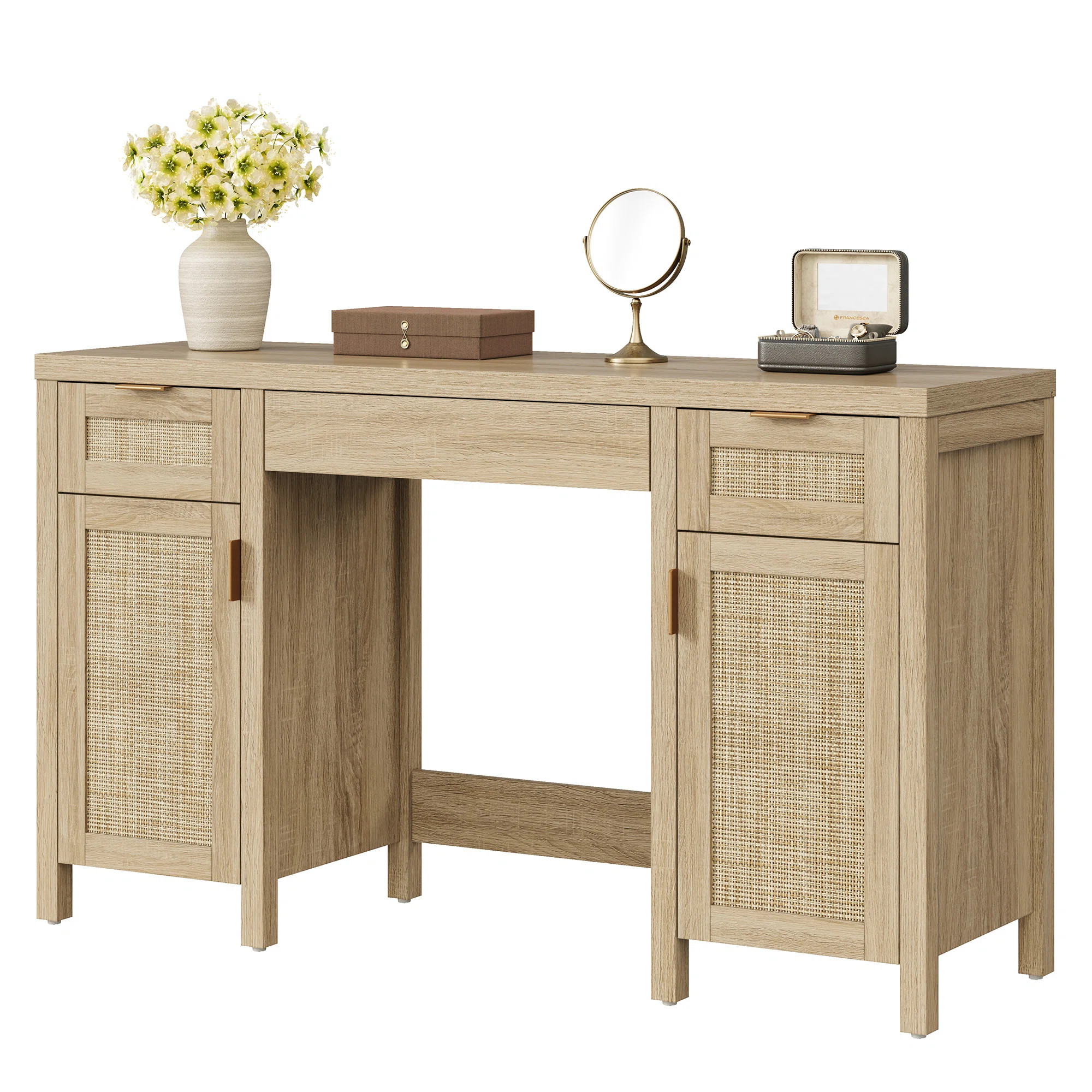 Bohemian Rattan 3-Drawer And 2-Cabinet Makeup Vanity Desk With Adjustable Shelves | Wayfair North America