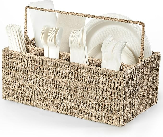 Hand-Woven Large Wicker Utensil Caddy, Outdoor Silverware Caddy for Party, Cutlery Holder, Utensi... | Amazon (US)