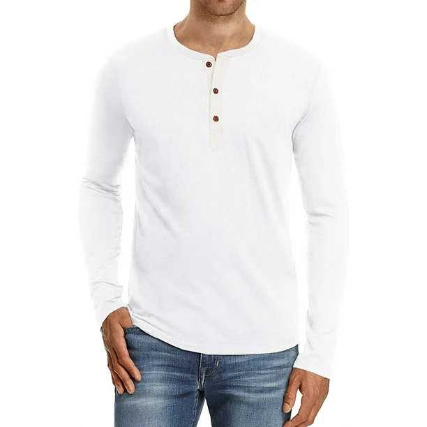 JWD Mens Henley Long Sleeve T-Shirt Cotton Casual Shirt US Large White | Walmart (US)