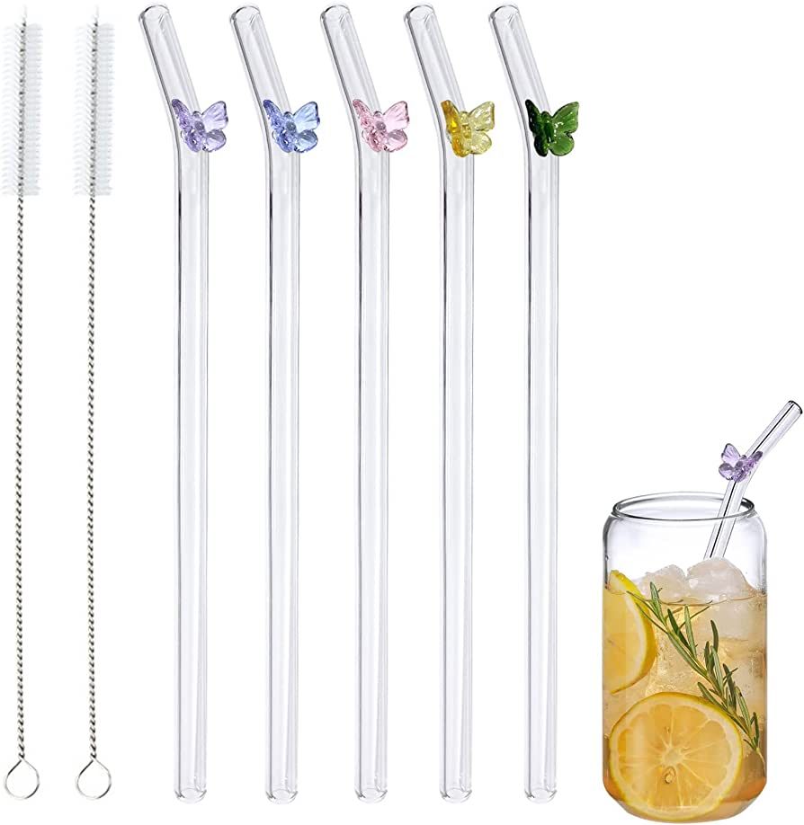 5 Pcs Reusable Glass Straws,Colorful Butterfly on Clear Straws With Design 7.9in X 8mm Shatter Re... | Amazon (US)