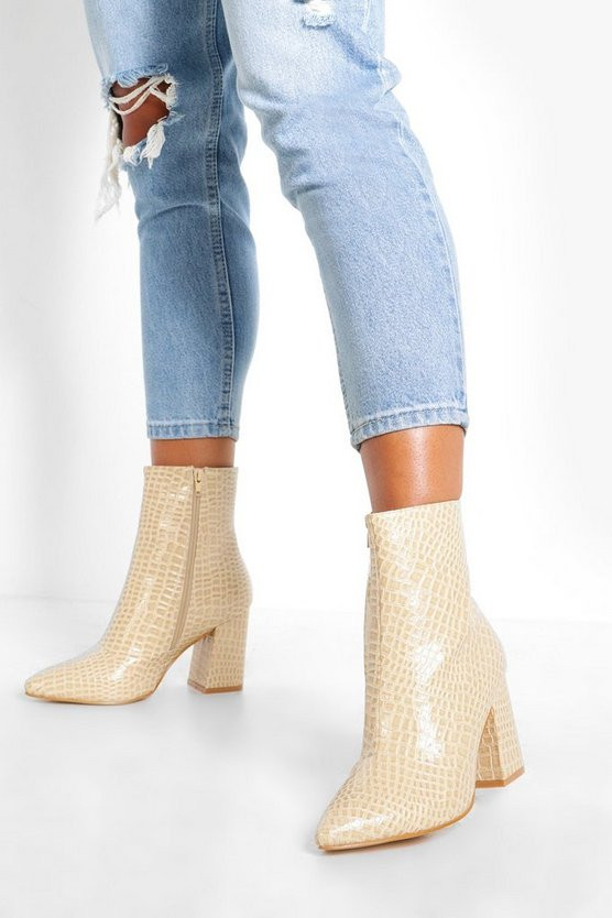 Wide Width Croc Block Heel Boots | Boohoo.com (US & CA)