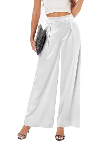 Women's Satin Wide Leg Palazzo Pants Plicated Silky Pull on Party Dress Casual Pant Trouser White | Amazon (US)