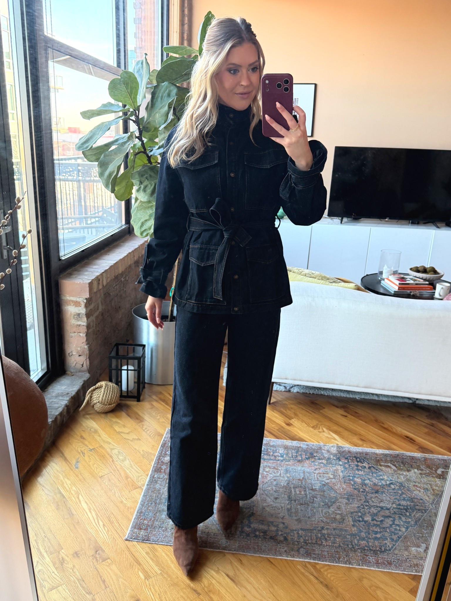 Dark denim on denim. 

Matching denim set: Lioness 

#LTKWorkwear #LTKgrwm #LTKootd