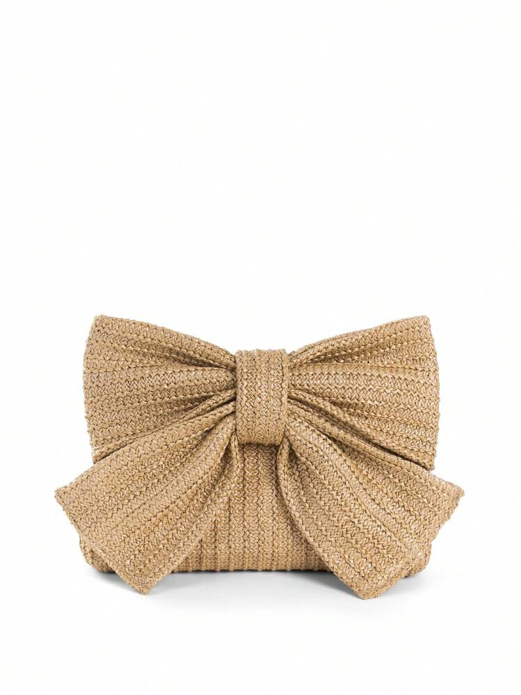 Vacation Style Lady Woven Bag With Large Bowknot Design, Multi-Functional For Handheld, Shoulder, Crossbody, Metal Chain Detachable Valentines, Perfectly Matching With Prom Accessories, Eye-Catching Beach Bag Summer | SHEIN