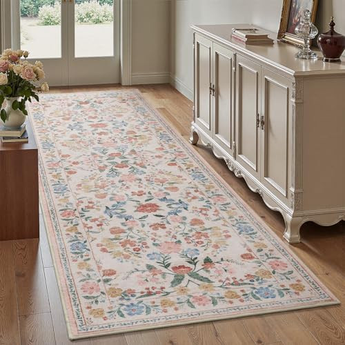 AMOAMI Vintage Floral Runners for Hallways Indoor, 2'6''x8' Kitchen Runner Rug Non Slip Machine Washable Entryway Rug Runner Ultra Soft Boho Carpet Runner for Hallway Kitchen Bedside Entryway, Beige | Amazon (US)