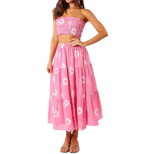 Sexy 2 Piece Maxi Skirt Set for Women Y2k Ruched Sleeveless Backless Top+Elastic Waist Ruffle Flowy Skirts Beachwear | Amazon (US)