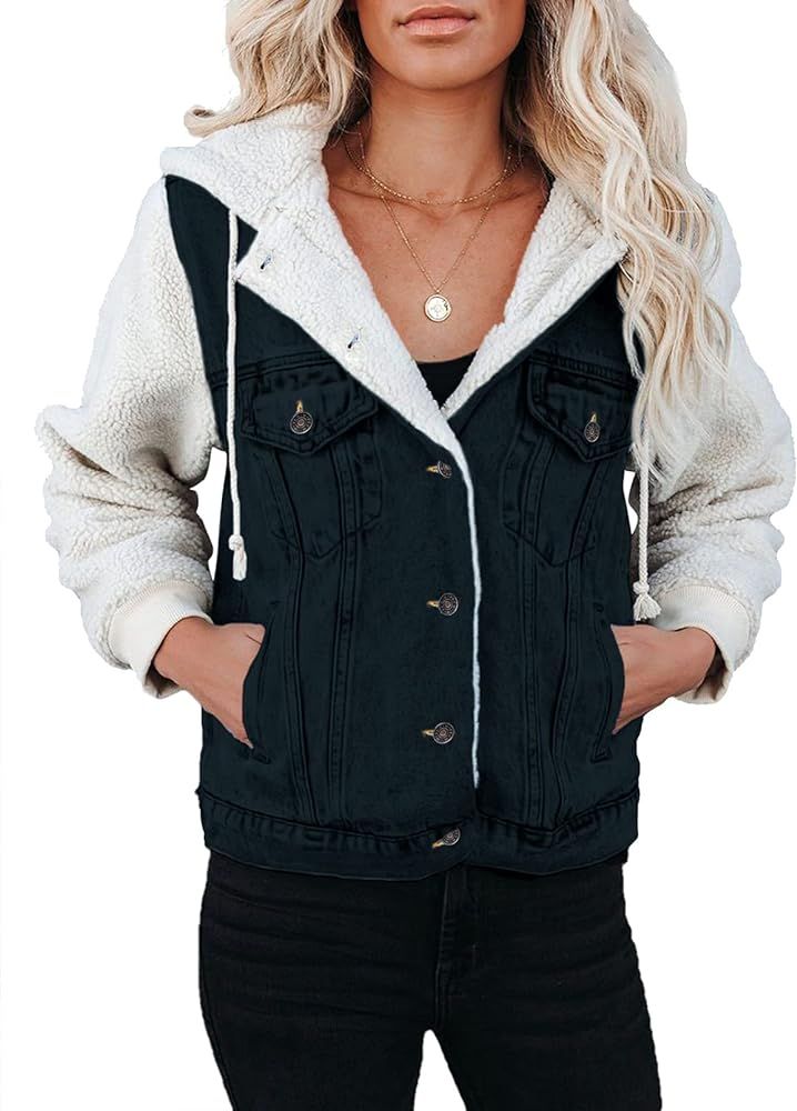 Sidefeel Womens Long Sleeve Button Up Denim Jackets Patchwork Fleece Hooded Coat with Pockets | Amazon (US)