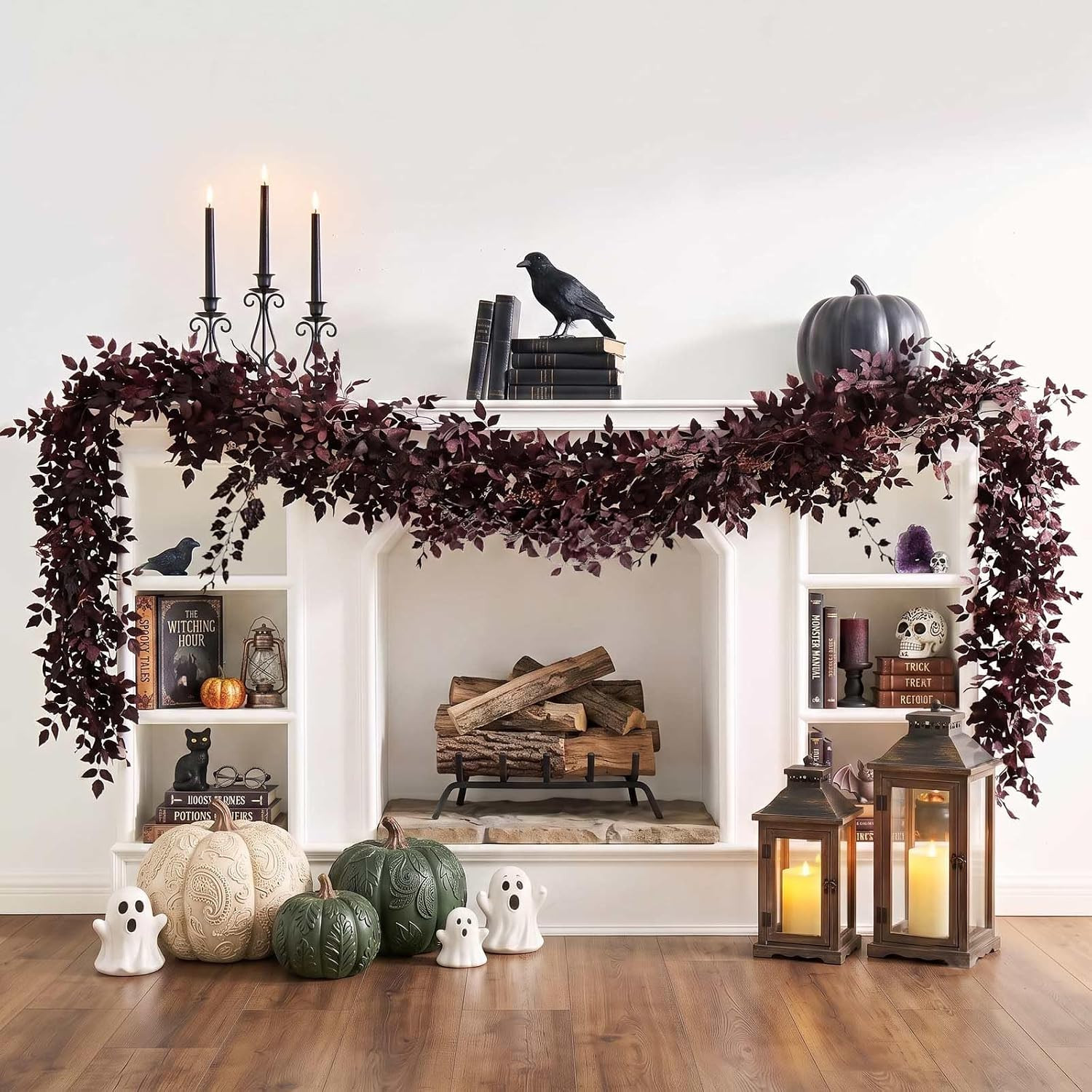 Neutral Fall Garland for Mantle Fireplace - 2 Pack 6Ft Plum Cimicifuga Seeded Leaf Garlands Purple Autumn Decor Table Decorations for Home Indoor Door Halloween Realistic Leaves Garlands Outdoor | Amazon (US)