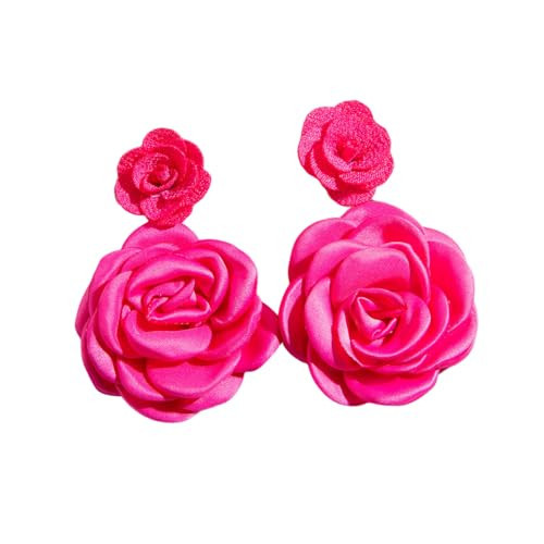 Large Flower Statement Stud Drop Earrings for Women Multicolor Fabric Big Flower Exaggerated Dangle Earrings Fashion Boho Vacation Jewelry-Hot Pink | Amazon (US)