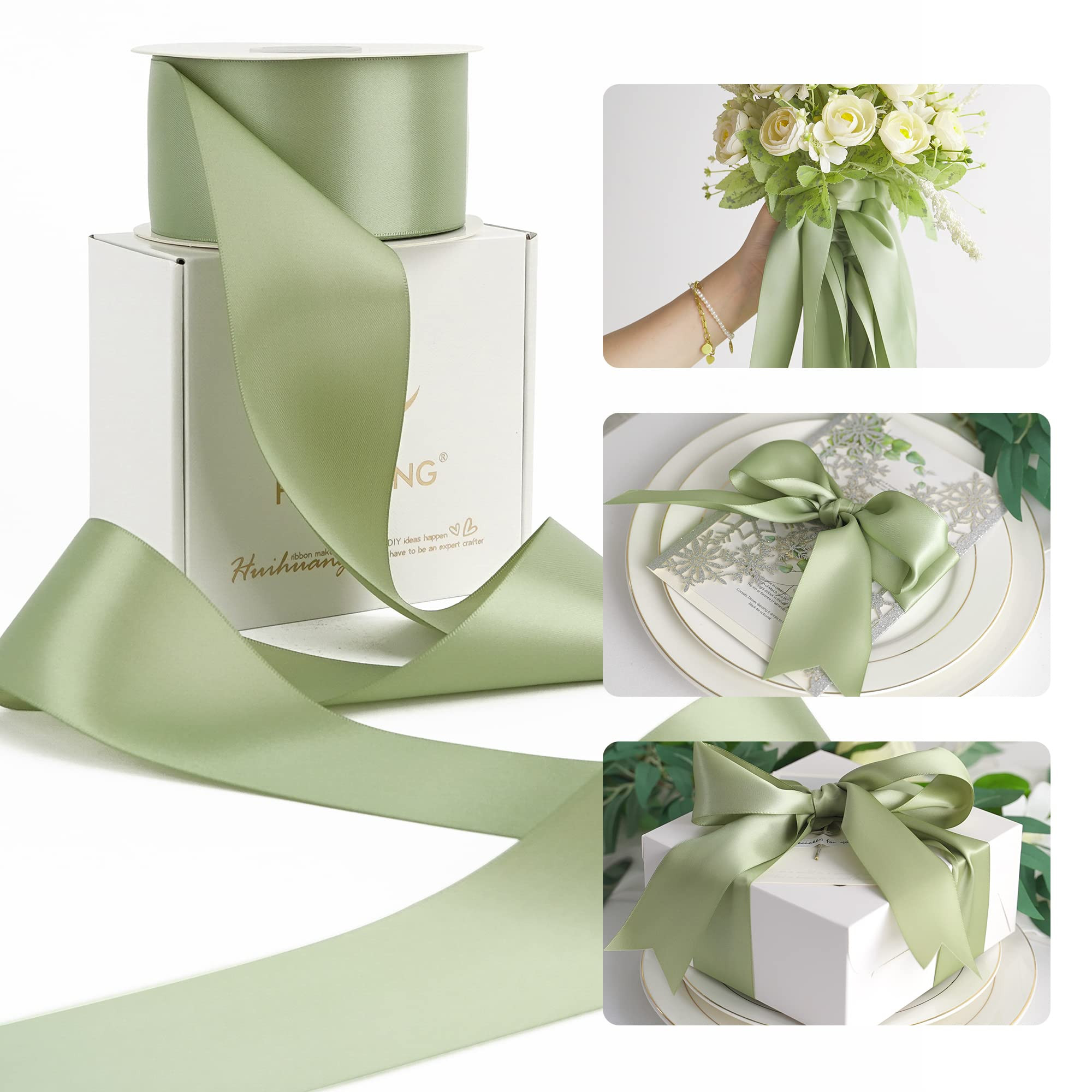 HUIHUANG Sage Green Satin Ribbon - 25 Yards/Roll for Flower Bouquets, Wedding Invitations, Gift W... | Amazon (US)