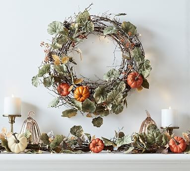 Lit Natural Pumpkin Wreath & Garland | Pottery Barn (US)
