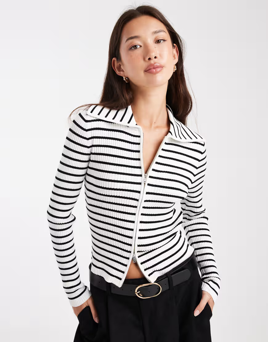 Miss Selfridge rib knit zip detail collared cardigan in stripes-Multi | ASOS (Global)