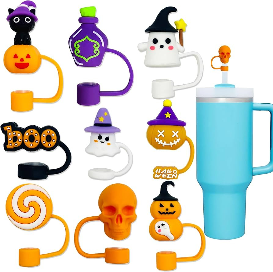9PCS 3D Halloween Straw Cover Cap for Stanley Cup, Silicone Skull Ghost Straw Topper Compatible w... | Amazon (US)