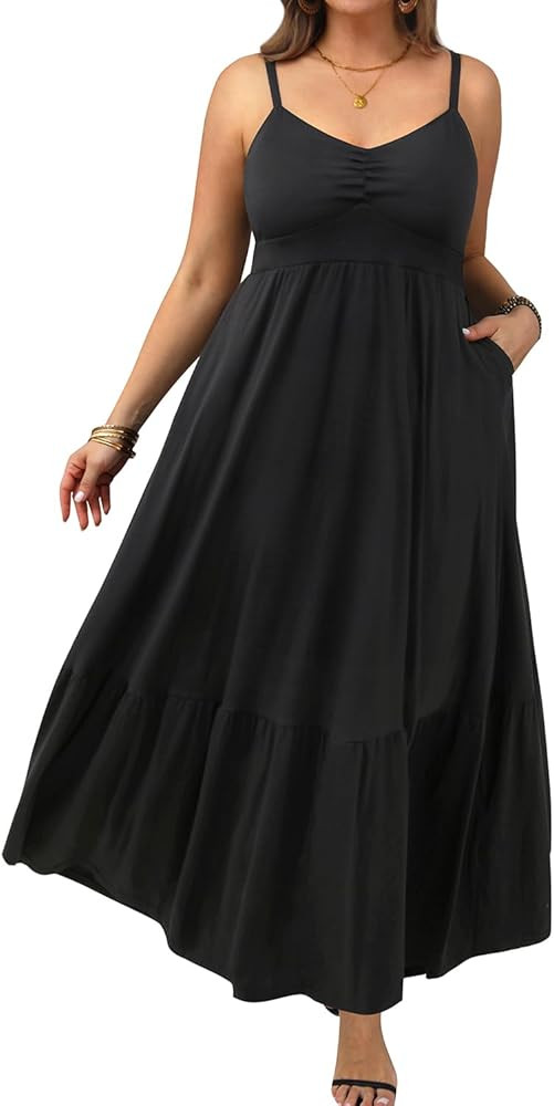 Women's Plus Size Summer Maxi Sun Dress Spaghetti Strap Ruched Bust Long Casual Sundress with Poc... | Amazon (US)