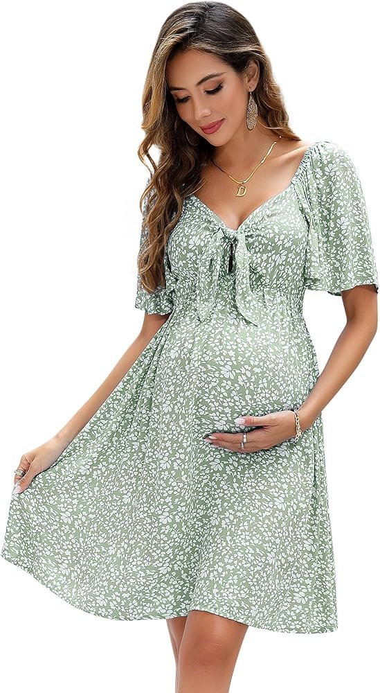 Maternity Dresses for Baby Shower Women's Knotted V Neck Knee Length Wrap Baby Shower Dress | Amazon (US)