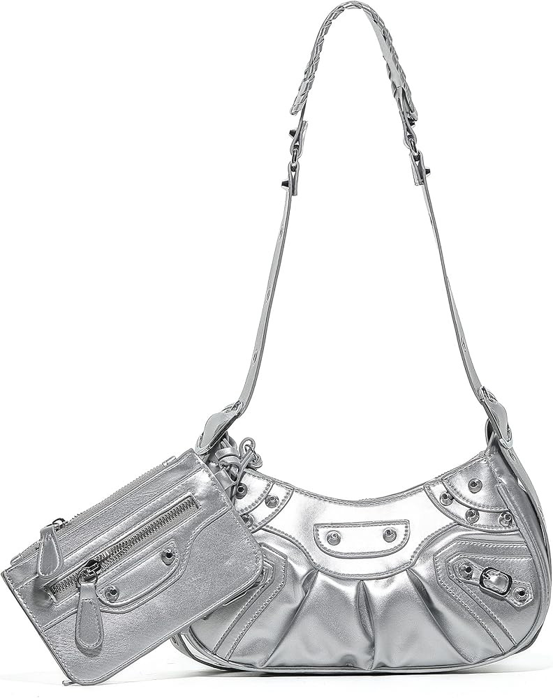 Women Punk Style Rivet Satchels Handbags Pu Leather Shoulder Purse Half Moon Underarm Bags With C... | Amazon (US)