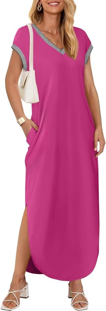 MEROKEETY Women's 2024 Summer Short Sleeve Maxi Dress V Neck Split Loose Casual Beach Long Dresse... | Amazon (US)