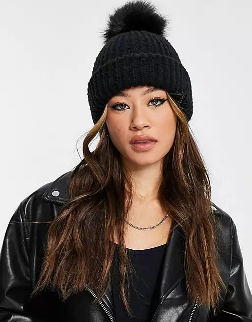 Topshop recycled knitted fur pom pom beanie in black | ASOS (Global)