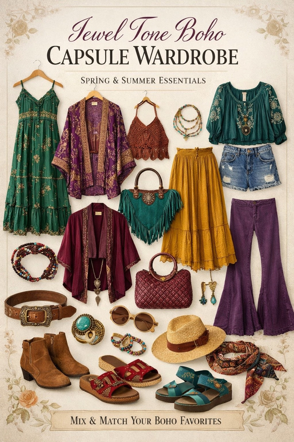 Jewel Tone Boho Capsule Wardrobe for Spring & Summer

Dreaming up the ultimate spring and summer boho capsule wardrobe in rich jewel tones 💚 Think emerald dresses, mustard skirts, vintage kimonos, statement accessories, and effortless mix-and-match pieces. Perfect for creating multiple outfits with fewer items. Save this boho outfit inspo and shop the look on my LTK! ✨
#bohostyle #capsulewardrobe #springfashion #summerstyle

#LTKgrwm #LTKOver40 #LTKootd