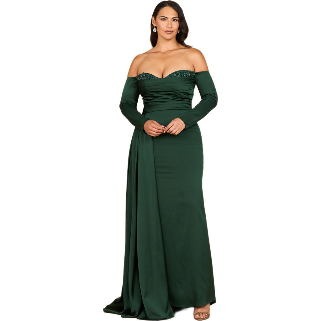LARA New York Off Shoulder Satin Dress with Beaded Details in Dark Green at Nordstrom, Size 4 | Nordstrom