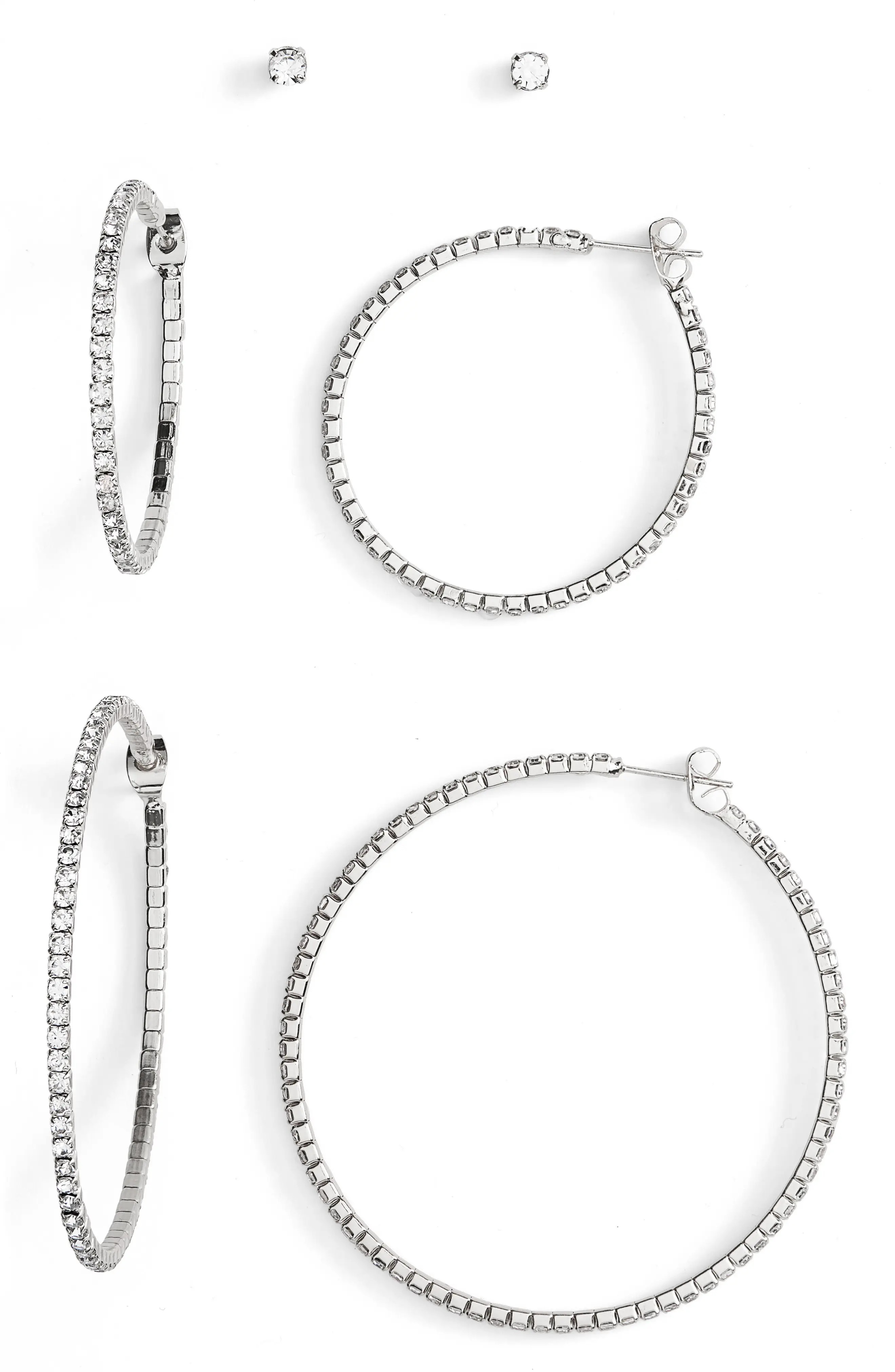 BP. Set of 3 Rhinestone Stud & Hoop Earrings in Clear- Silver at Nordstrom | Nordstrom