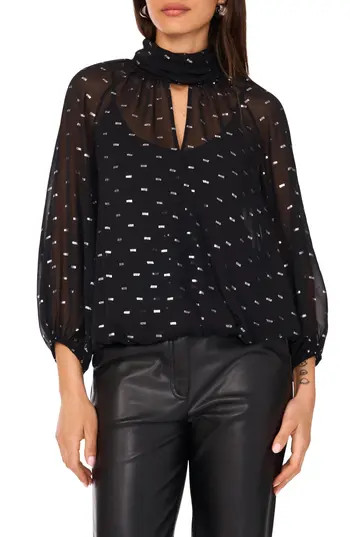 Vince Camuto Sheer Clip-Dot Chiffon Faux Wrap Top in Rich Black at Nordstrom Rack, Size Small | Nordstrom Rack