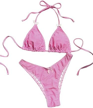 Women's Plaid Gingham Bathing Suit High Waisted Halter Triangle Swimsuit Bikini Set | Amazon (US)