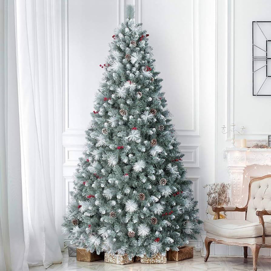 ANOTHERME 9ft Christmas Tree Prelit, Flocked Christmas Tree with 750 Warm Lights, Pinecones &Berr... | Amazon (US)