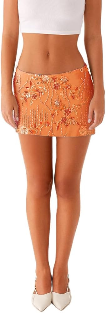 Women Sexy Sequin Mini Skirts Low Rise Sparkly Glitter Beaded Bodycon Short Skirt Party Clubwear | Amazon (US)