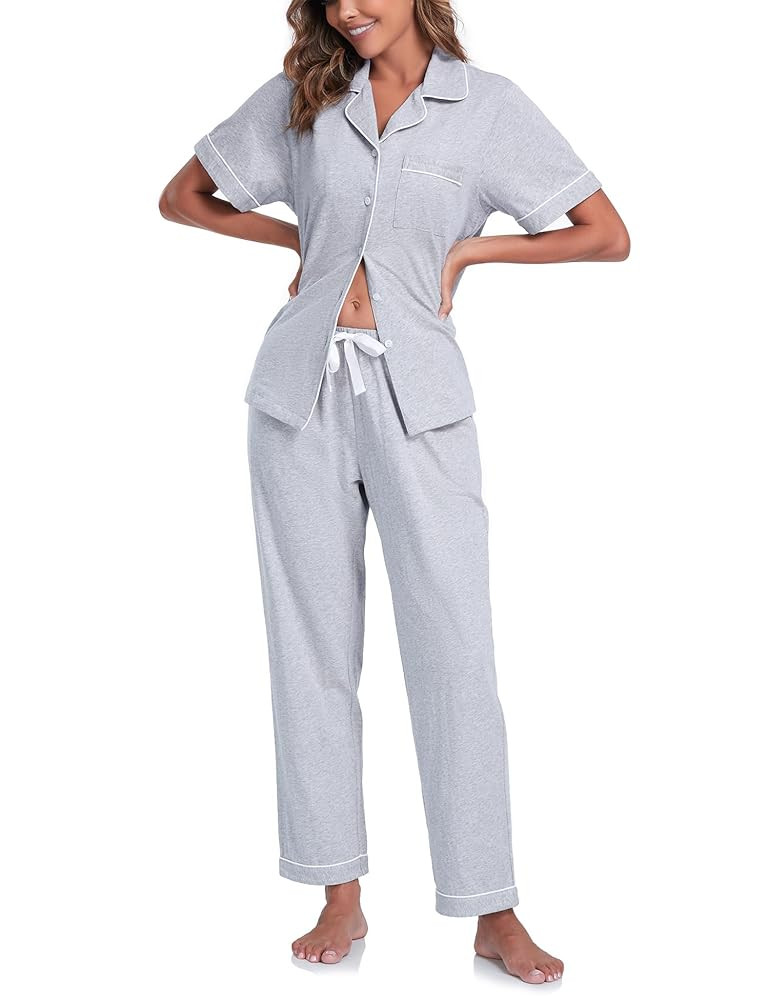 COLORFULLEAF Women's 100% Cotton Pajama Set Button Down Sleepwear Short Sleeve Shirt and Long Pan... | Amazon (US)
