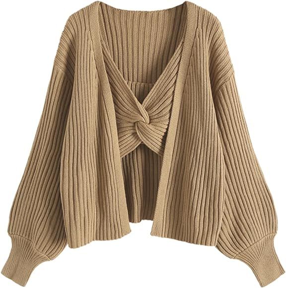 ZAFUL Women's Loose Long Sleeve Open Knit Cardigan Sweaters and Twisted Cami Top Set | Amazon (US)
