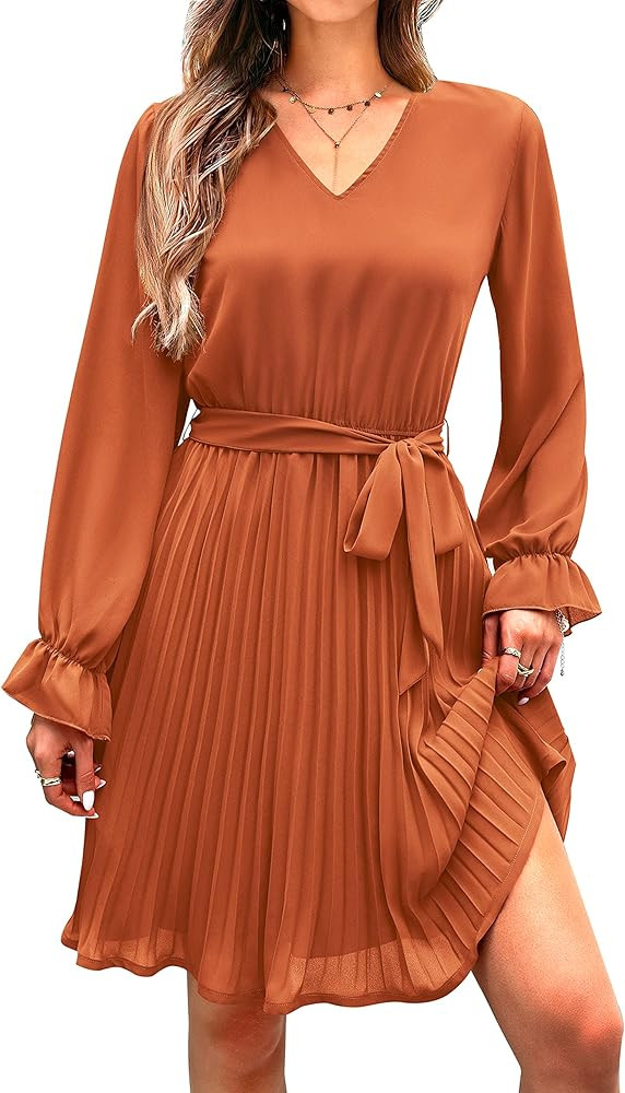 PRETTYGARDEN Women's Casual Fall Dresses Long Puff Sleeve V Neck Pleated Ruffle Flowy Belted Dres... | Amazon (US)