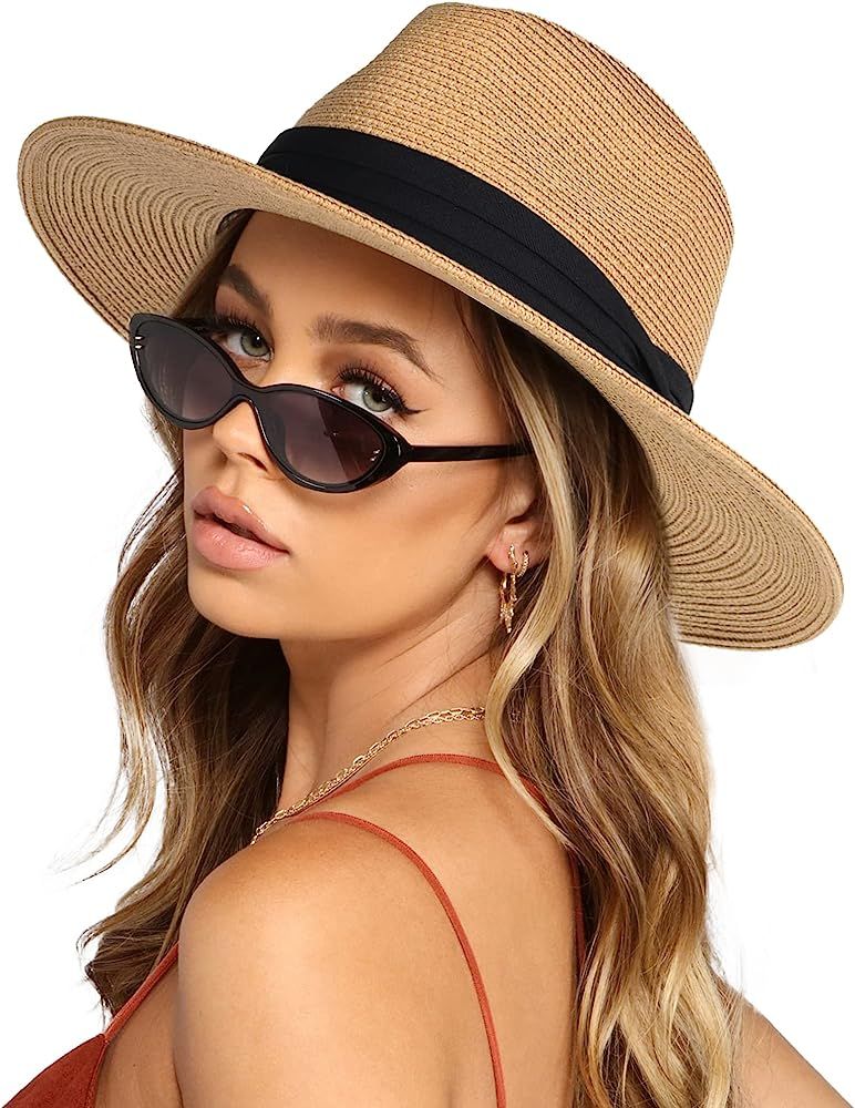 Womens Mens Wide Brim Straw Panama Hat Fedora Summer Beach Sun Hat UPF Straw Hat for Women | Amazon (US)