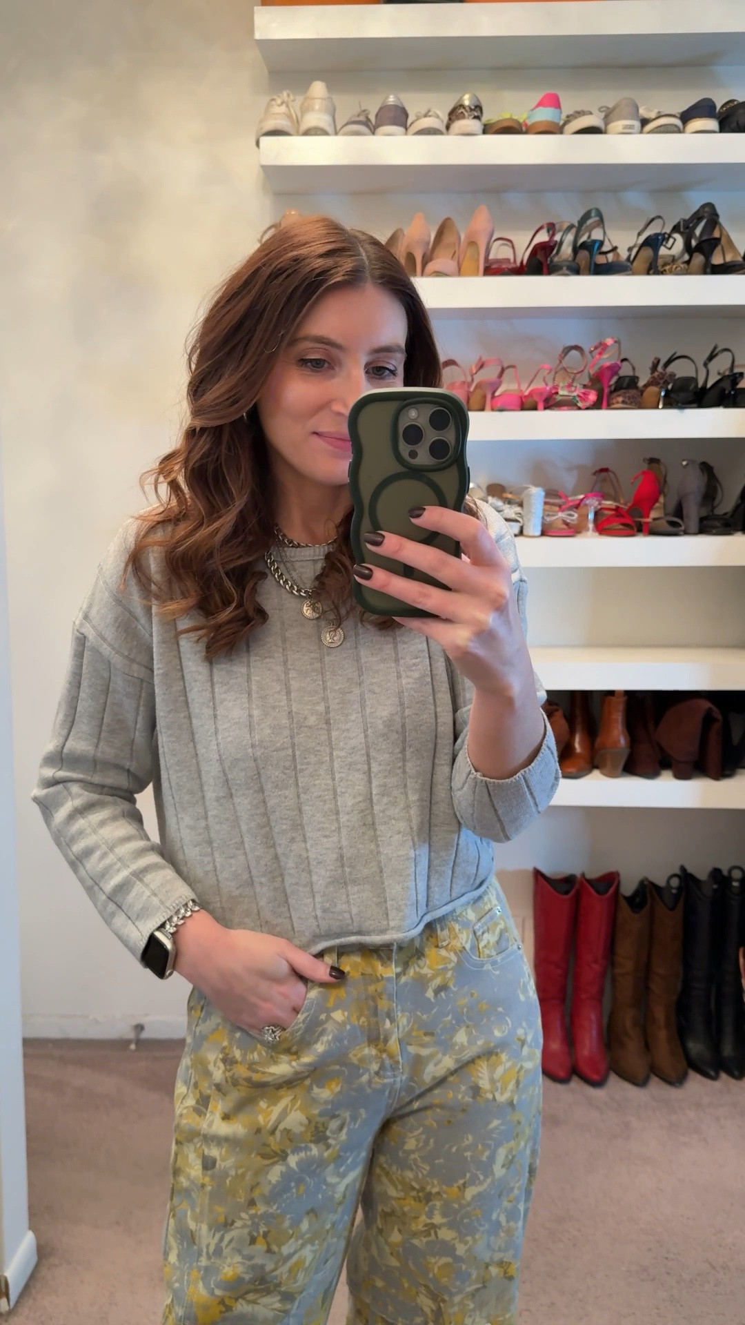 What I wore to work today, workwear outfit, casual outfit, grey sweater, floral print barrel leg jeans (size down one, wearing a size x small), casual office look, office look, easy outfit, Spring outfits 2026

#LTKootd #LTKSeasonal #LTKSaleAlert