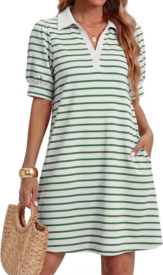 ZESICA Womens Summer Striped T Shirt Mini Dresses 2026 Casual Lapel V Neck Short Sleeve Flowy A L... | Amazon (US)
