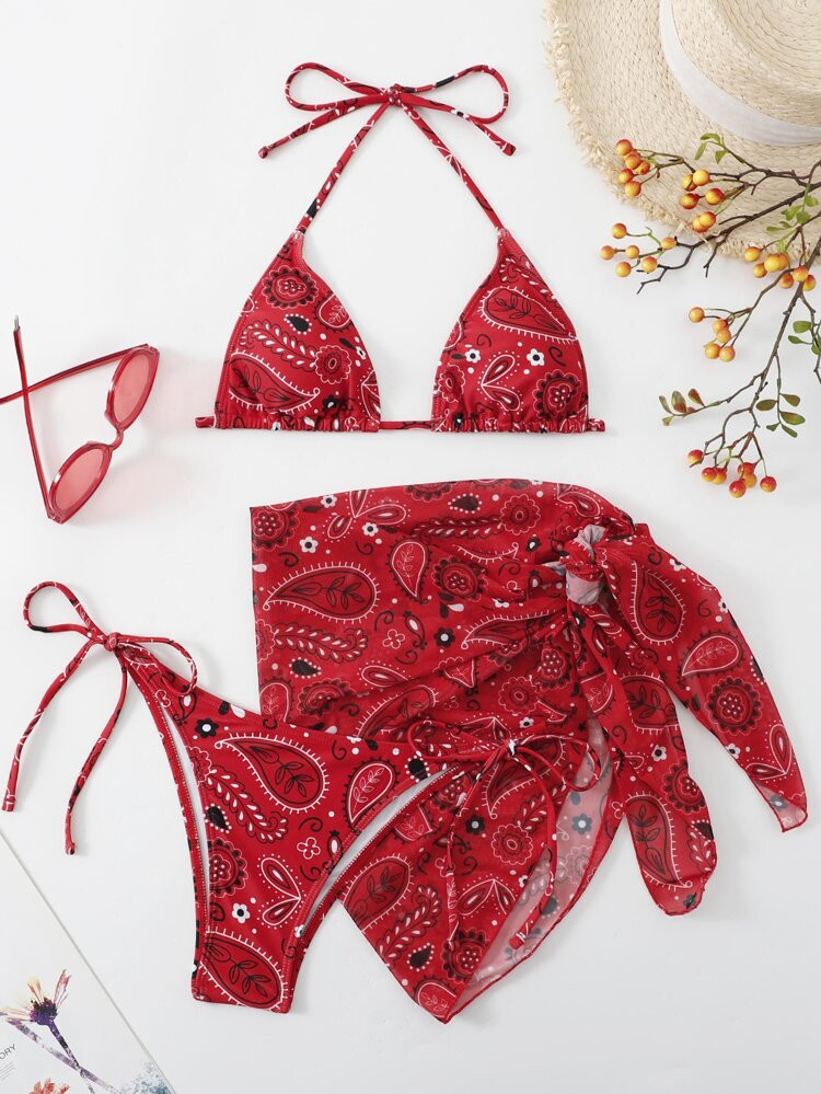 Paisley Print Bikini Set Halter Triangle Bra & Thong Bottom & Beach Skirt 3 Piece Western Bathing... | SHEIN
