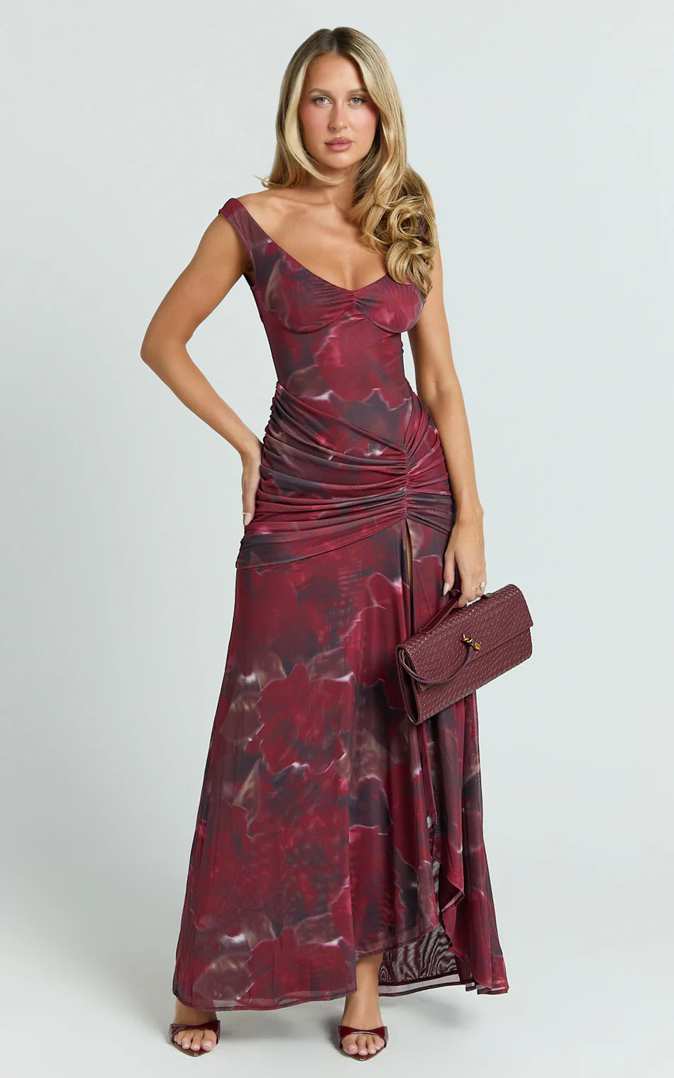 Demetria Midi Dress - Floral Mesh Printed Bodycon Dress in Burgundy Rose | Showpo (US, UK & Europe)