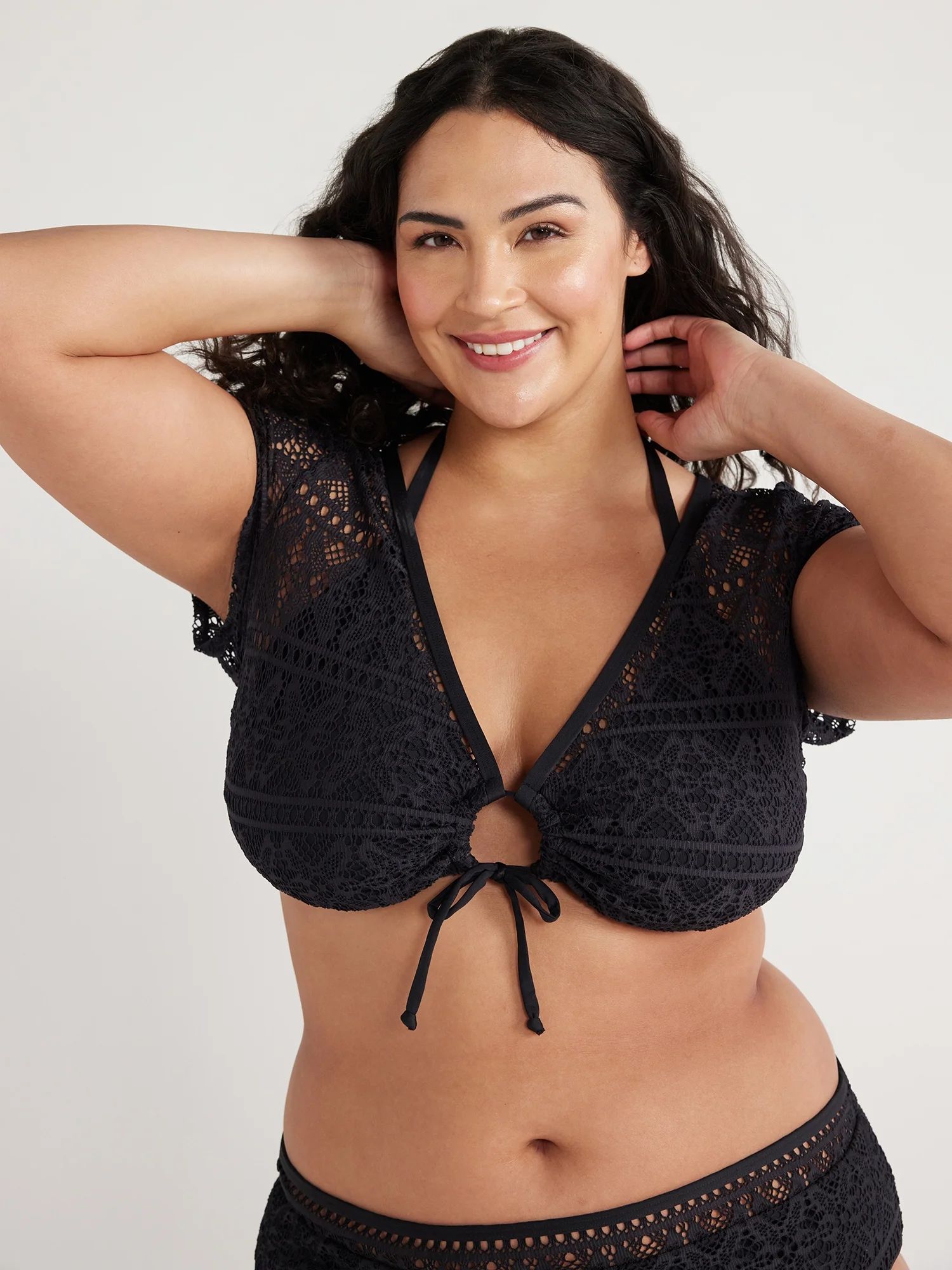 Time and Tru Women's and Plus Crochet Swimsuit Top with Short Sleeves, Sizes S-2X | Walmart (US)