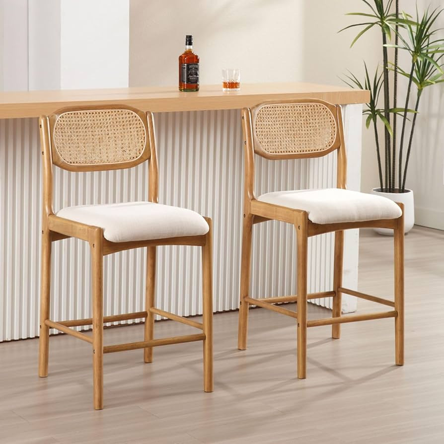 ROCITY Rattan Bar Stools Set of 2 Beige Linen Counter Stools 26 Inch Upholstered Kitchen Island C... | Amazon (US)