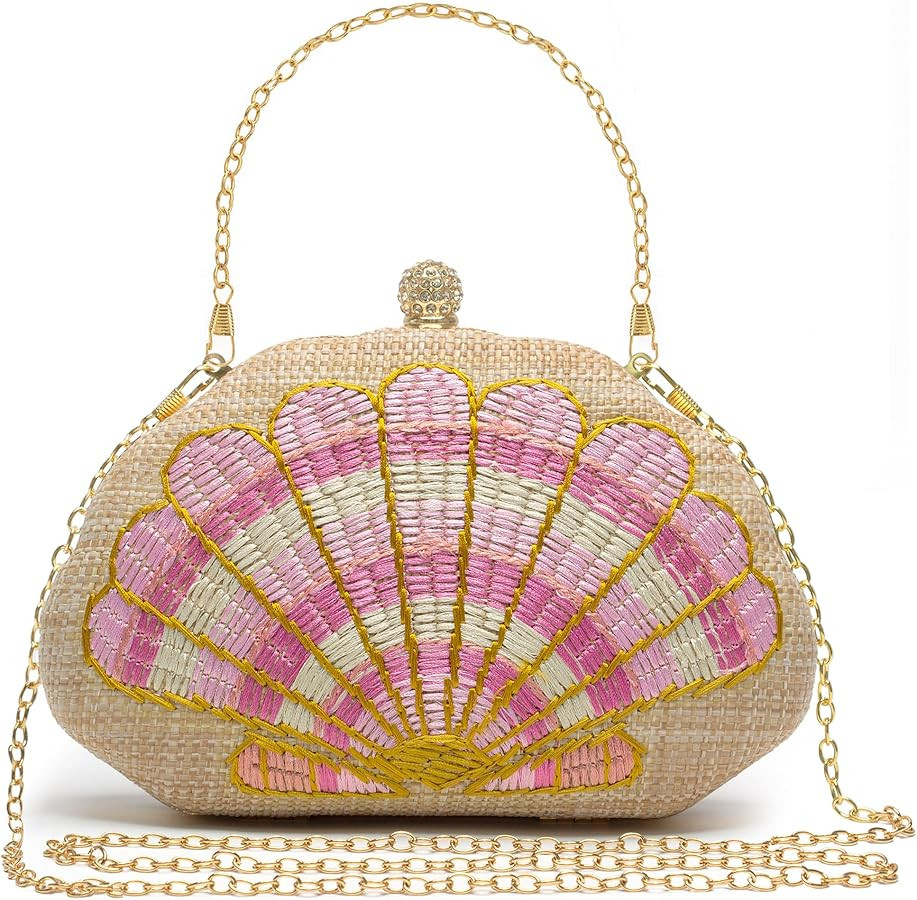 Women's Straw Woven Clutch Purse Embroider Shellsea Pattern Handbag | Amazon (US)