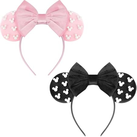 Velvet Mouse Ears Headband with Beads, Black Hair Bow Hairband with Pearls, Party Decoration Headwear Hair Accessories for Women Girls | Amazon (US)