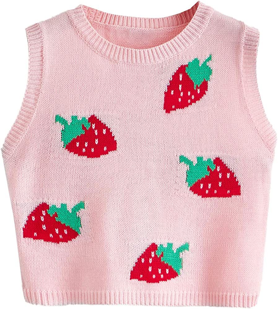 Floerns Women's Sleeveless Round Neck Cute Strawberry Sweater Vest Crop Shirt Top | Amazon (US)