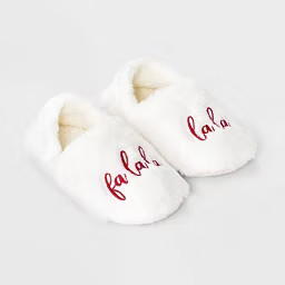 Adult Embroidered 'Fa La La' Faux Fur Christmas Slipper Socks with Grippers - Wondershop™ Ivory | Target