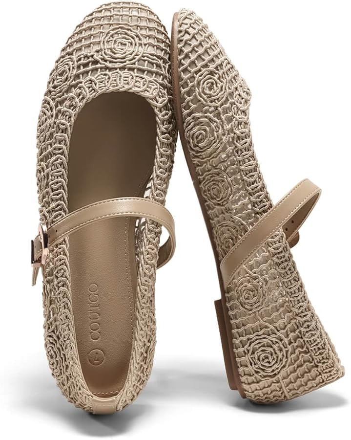 Coutgo Womens Mary Jane Woven Flats Round Toe Ballet Flats Dressy Comfortable Slip On Shoes | Amazon (US)