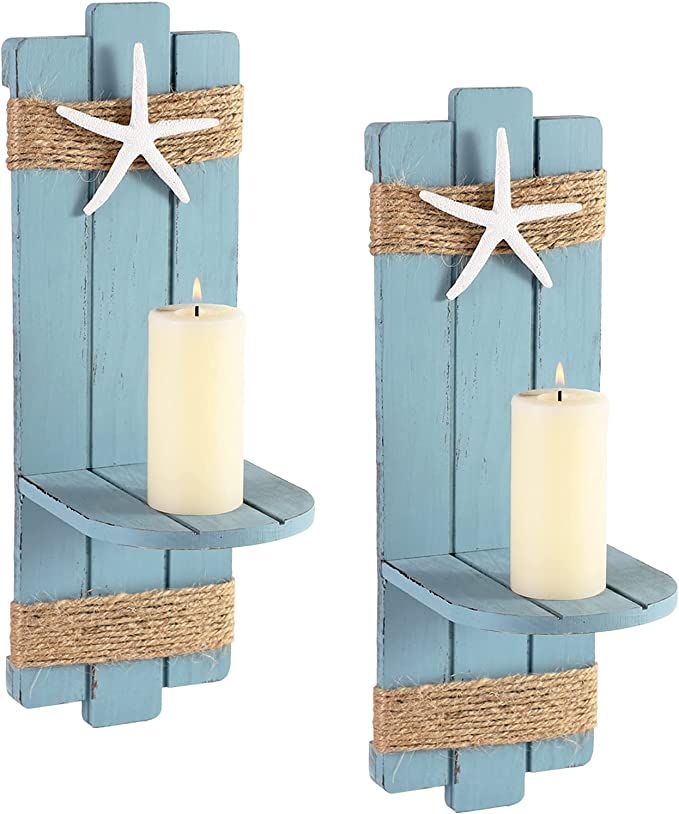 SOMTO Beach Starfish Wall Candle Sconces Decor,Ocean Themed Wall-Mount Candle Holders, Coastal Fa... | Amazon (US)