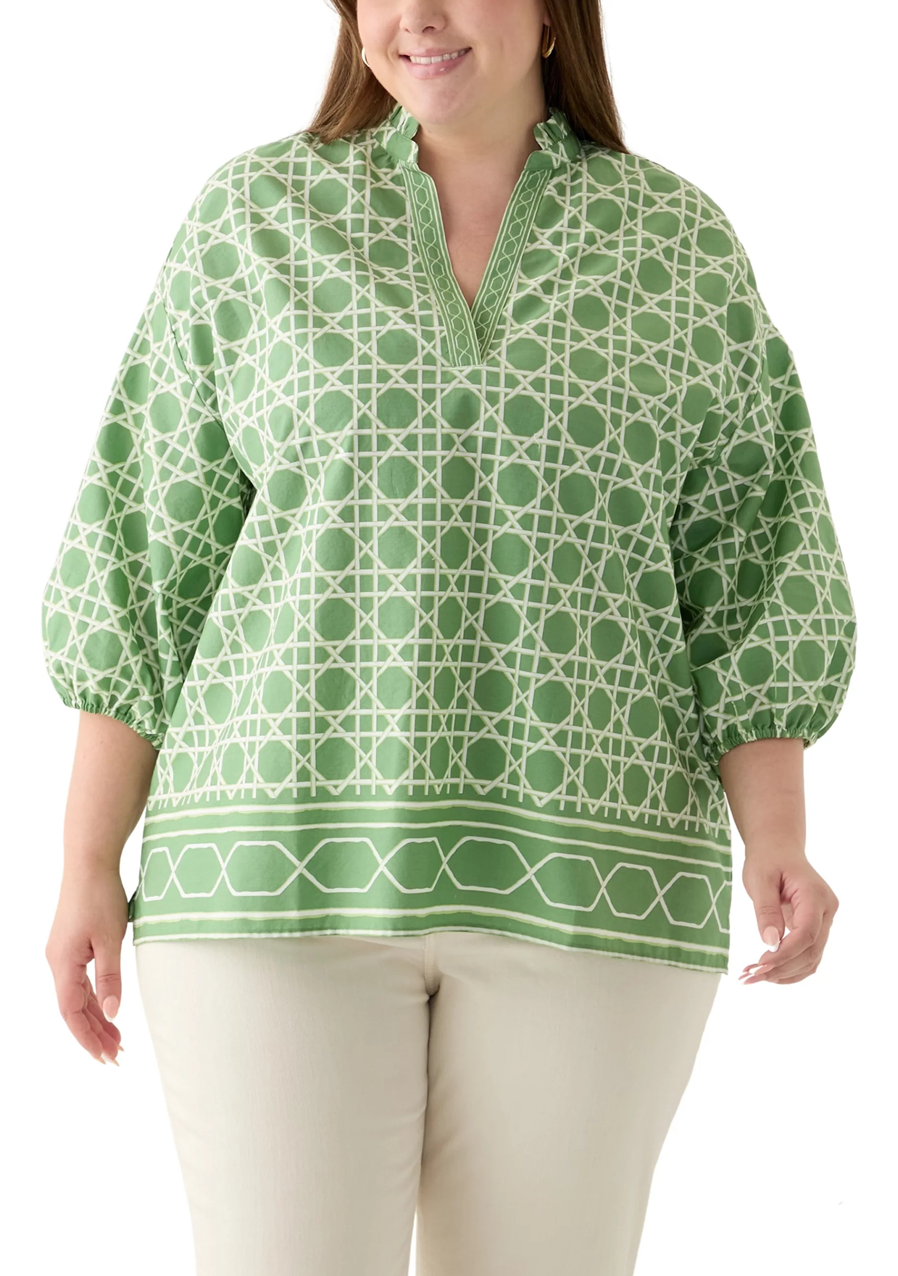 Plus Size 3/4 Sleeve Split Neck Printed Tunic Blouse | Belk