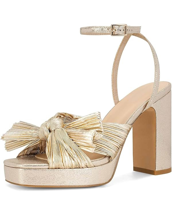 MICIFA Women's Bow Heeled Sandals Pleated Bowknot Platform High Heel Sandals Ankle Strap Chunky D... | Amazon (US)