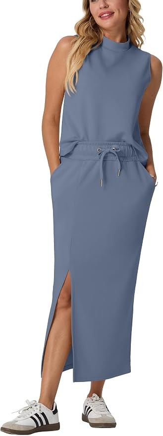 GRECERELLE Women Summer Casual 2 Piece Sets Mock-Neck Top & Side Slit Skirt | Amazon (US)