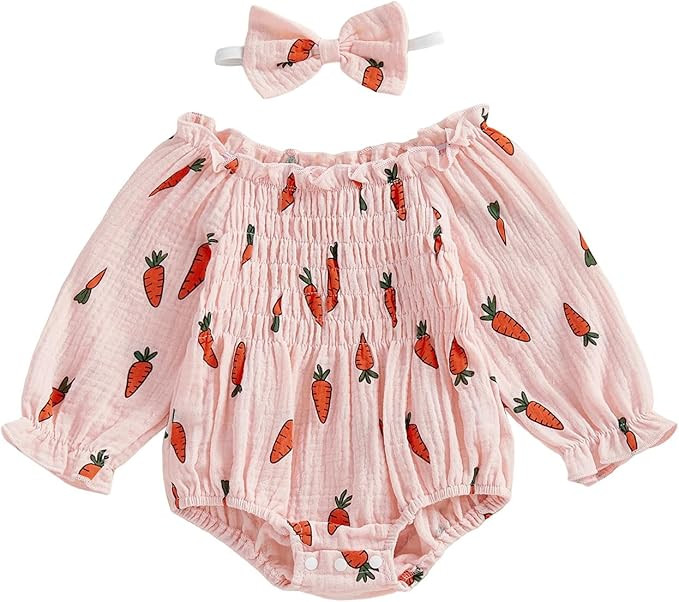 Baby Girl Easter St Patricks Day Outfit Newborn Girls Long Sleeve Ruched Carrot Print Romper with... | Amazon (US)